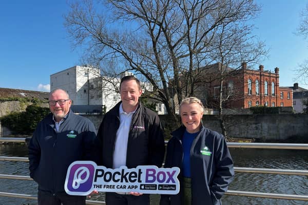 Davy Jackson, chair of Road Safe NI, Jim Finnegan, founder and CEO of Pocket Box and Patricia O’Neil, co-ordinator at Road Safe NI