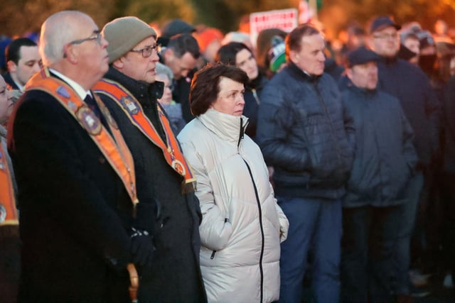 Anti-Northern Ireland Protocol rally in Lurgan, County Armagh. 

Diane Dodds watches Loyalist activist Jamie Bryson speaks at an anti protocol rally and parade organised by Lurgan united unionists in Lurgan, Co Armagh at Brownlow House.

Organisers Lurgan United Unionists told the Parades Commission to expect sixty bands and over 10,000 people.

Photo by Kelvin Boyes / Press Eye.