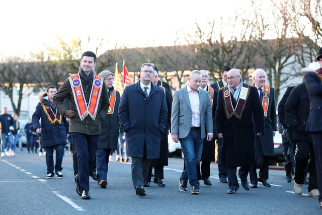 Sir Jeffrey Donaldson and loyalist activist Jamie Bryson pictured at the anti protocol rally and parade in Lurgan.