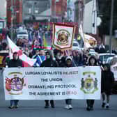 Loyalists at an anti protocol rally and parade organised by Lurgan united unionists in Lurgan.