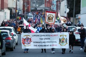 Loyalists at an anti protocol rally and parade organised by Lurgan united unionists in Lurgan.