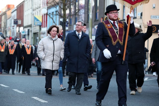 Sir Jeffrey Donaldson and Diane Dodds taking part in the parade.
