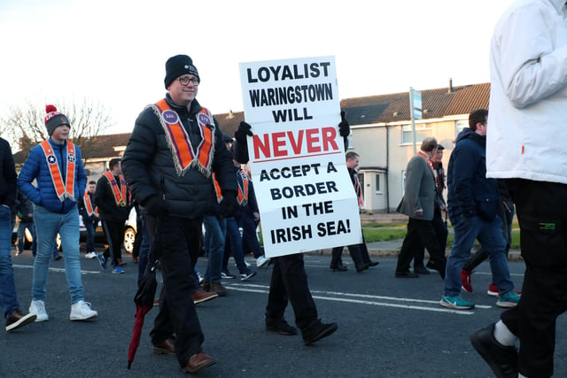 The anti-Northern Ireland Protocol parade makes its way through Lurgan.