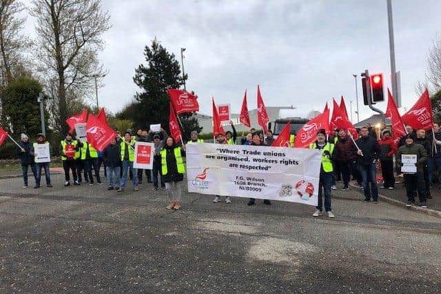 Workers on the picket line at Larne this morning (Monday).