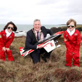 Pictured launching The NI International Air Show 2022 is Mayor of Causeway Coast and Glens, Councillor Richard Holmes and two excited pupils, Leo McIntyre and Evie Cowan from Mill Strand Integrated Primary School in Portrush