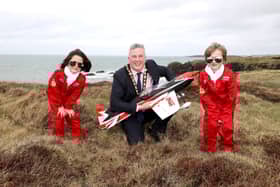 Pictured launching The NI International Air Show 2022 is Mayor of Causeway Coast and Glens, Councillor Richard Holmes and two excited pupils, Leo McIntyre and Evie Cowan from Mill Strand Integrated Primary School in Portrush