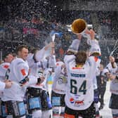 The Belfast Giants celebrate after clinching the Elite League championship after defeating the Sheffield Steelers in a dramatic shootout in Sheffield on Sunday. Picture: Dean Woolley.