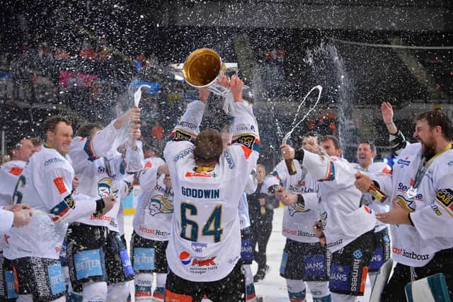 The Belfast Giants celebrate after clinching the Elite League championship after defeating the Sheffield Steelers in a dramatic shootout in Sheffield on Sunday. Picture: Dean Woolley.