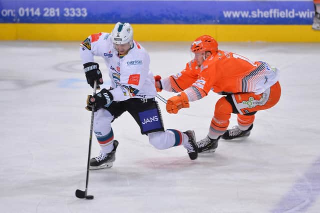 Belfast Giants' Ben Lake in action against the Sheffield Steelers. The Giants clinched the Elite League championship after defeating the Sheffield Steelers in a dramatic shootout in Sheffield on Sunday. Picture: Dean Woolley.