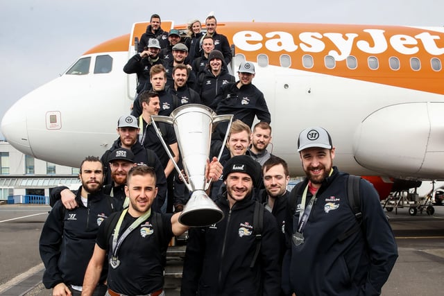 The Belfast Giants captain David Goodwin and teammates  with the League Trophy as they arrive at Belfast International Airport today after being crowned Premier Sports Elite League champions after defeating Sheffield Steelers yesterday. Photo by William Cherry/Presseye