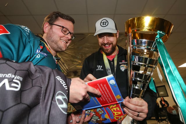 The Belfast Giants are met by fans as they arrive at Belfast International Airport today after being crowned Premier Sports Elite League champions after defeating Sheffield Steelers yesterday.    Photo by William Cherry/Presseye