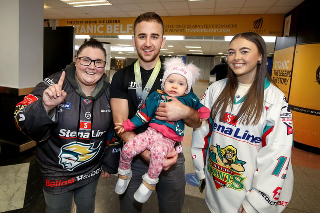 Belfast Giants captain David Goodwin is met by fans as they arrive at Belfast International Airport today after being crowned Premier Sports Elite League champions after defeating Sheffield Steelers yesterday.    Photo by William Cherry/Presseye