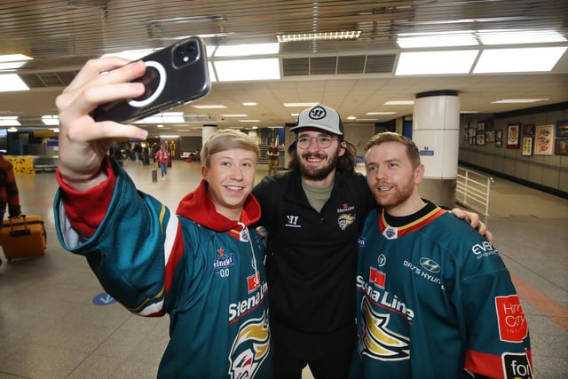 Belfast Giants Jeff Baum are met by fans as they arrive at Belfast International Airport today after being crowned Premier Sports Elite League champions after defeating Sheffield Steelers yesterday.    Photo by William Cherry/Presseye