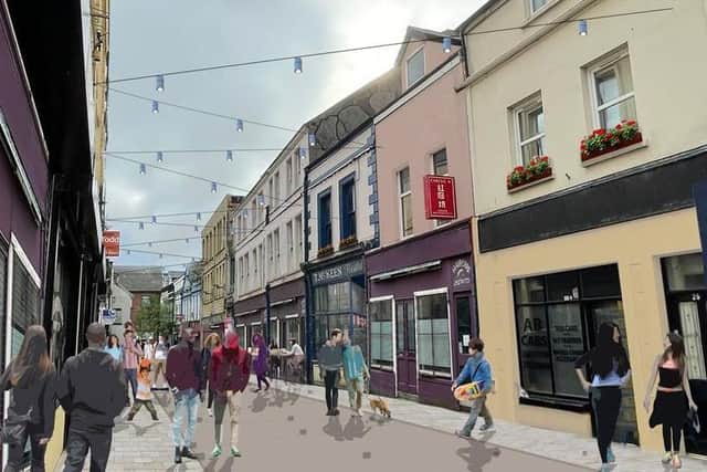 An artist’s impression of pedestrianisation at Dunluce Street and Lower Cross Street, in Larne town centre