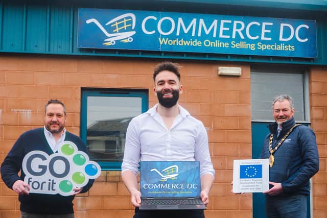 Darren Campbell (31), from Kells(centre) who launched his Amazon FBA business, Commerce DC, less than a year ago during lockdown and has gone on to launch his own outdoor brand pictured with Business Adviser Mark Donald and William McCaughey, Mayor of Mid an East Antrim Borough Council.