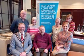 Parkinson's UK Ballymena branch Pictured, standing from left, are Jimmy McClean, Chair, Thelma Strange, Committee member, Kate McKay, Secretary, and Dawn Fleming, Committee member.
Sitting, from left, Mayor of Mid and East Antrim, Councillor William McCaughey, William Hill, Committee member, and Ann Hill, Treasurer.