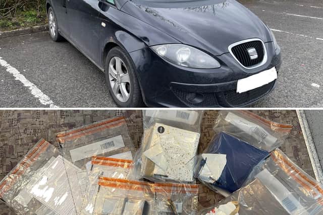 The car stopped in Coleraine along with some of the items seized. Picture: PSNI