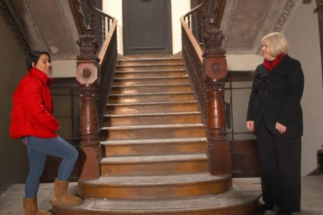 Craigavon House: Sarah O'Kane chats to Carol Walker at the foot of the stairs.
