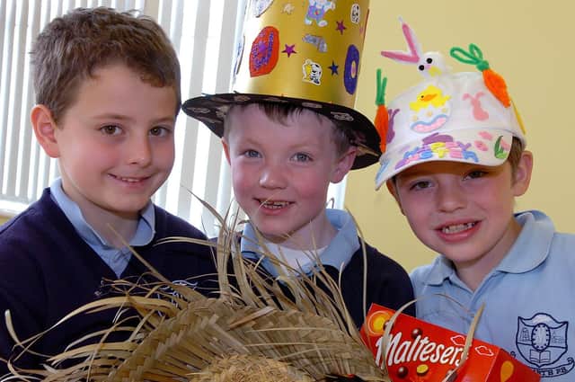 Eoin, Steven and James, pupils from St Mary's Primary School in Stewartstown, who entered the school's Easter Bonnet competition.