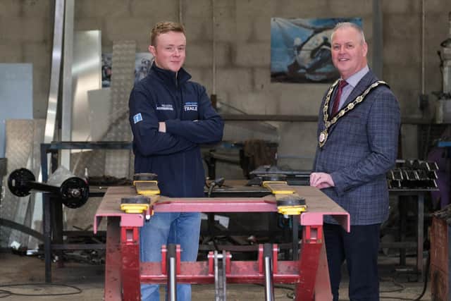 Chair of Mid Ulster District Council, Councillor Paul McLean is pictured with John Porter, Mid Ulster Trailers, who received a grant from the Rural Business Development Grant Scheme in 2020.