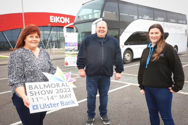 Jenny McNeill, Royal Ulster Agricultural Society is joined by Andy Hazley, Learning Space UK and Gail Walker, Big White Coach Events at the Eikon Exhibition Centre ahead of the Balmoral Show