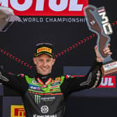 Jonathan Rea celebrates victory at Assen in the Netherlands, where he claimed a 100th victory for Kawasaki on Sunday.