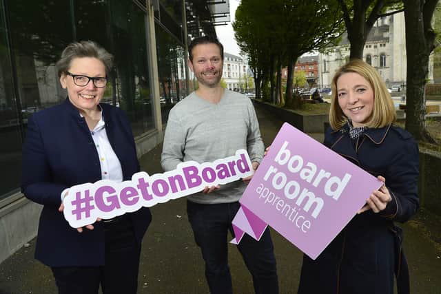 2020 Boardroom Apprentices Jo McGinley (right) and David Esler (middle) with founder Eileen Mullan. Boardroom Apprentice 2022 applications open on May 3. Photo by Arthur Allison, Pacemaker for Excalibur Press