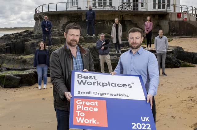Jim Campbell, Business Development Director, Covernet and Lee Stuart, Managing Director, Covernet, are joined by a group of their colleagues to celebrate the North Coast based company’s recent success at the Great Place to WorkAE UK Institute Awards