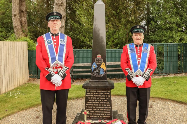 Roy McNeice and Wallace Orr of Sir Edward Carson Memorial LOL1991 laid a wreath at the Orange Memorial at the Ulster Tower. Pic by Norman Briggs, rnbphotographyni