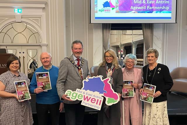 Mayor Cllr William McCaughey at the MEAAP magazine launch with Jenny Dougan, Kenneth Wilson, Sarah McLaughlin, Doris Smyth, and Eve Booker