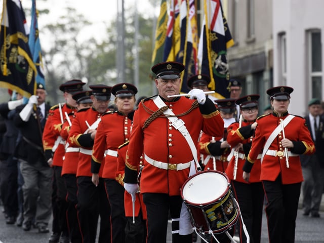 Members of the Churchill Flute Band leading the the annual Battle of the Atlantic memorial parade by the Royal Naval Association on Sunday. INLS1916-133KM