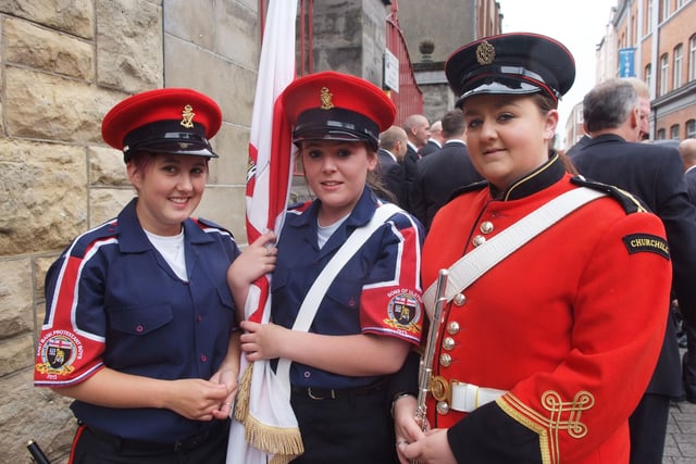 Pictured on Saturday were, from left, Holly Bond, Stacey Hamilton, East Bank Protestant Boys Flute Band, and Elle Toland, Churchill Flute Band. INLS3313-129KM
