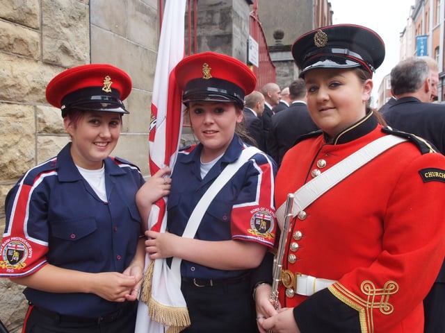 Pictured on Saturday were, from left, Holly Bond, Stacey Hamilton, East Bank Protestant Boys Flute Band, and Elle Toland, Churchill Flute Band. INLS3313-129KM