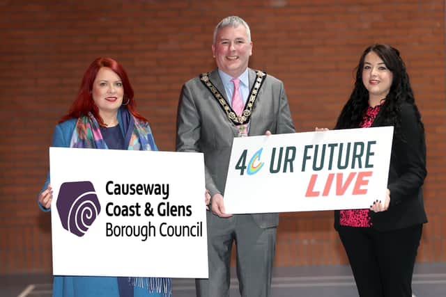 The Mayor of Causeway Coast and Glens Borough Council, Councillor Richard Holmes, helps launch the 4C UR Future Live event, which is coming to Coleraine Leisure Centre on June 22 alongside (left) Joanne McLaughlin, Economic Development Officer and (right) Rachel Doherty, 4C UR Future Managing Director