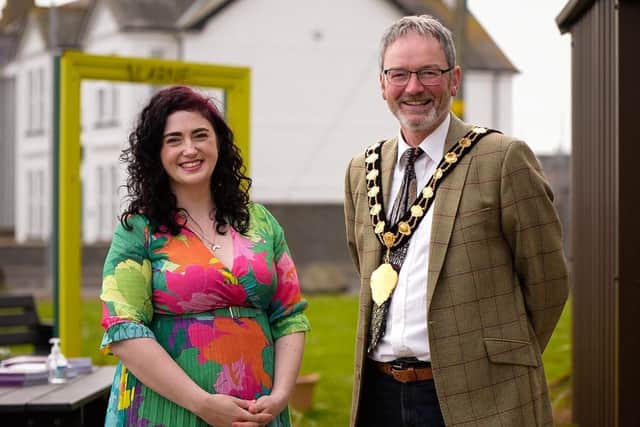 Lynsey Poole, chairperson of Larne Area Community Support Group and the Mayor, Councillor William McCaughey.