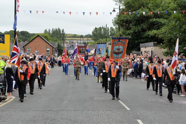 Larne District LOL No 1 makes its way to the field in Ballyclare on the Twelfth in 2018.  Picture: Phillip Byrne