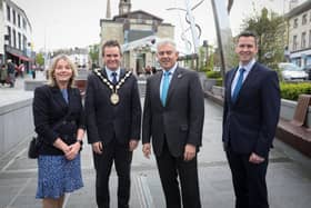 Secretary of Stafe for Northern Ireland Mr Brandon Lewis was welcomed to Lisburn by the Mayor of Lisburn & Castlereagh City Council, Alderman Stephen Martin; Alderman Amanda Grehan, Development Committee Chair and Chief Executive Mr David Burns.