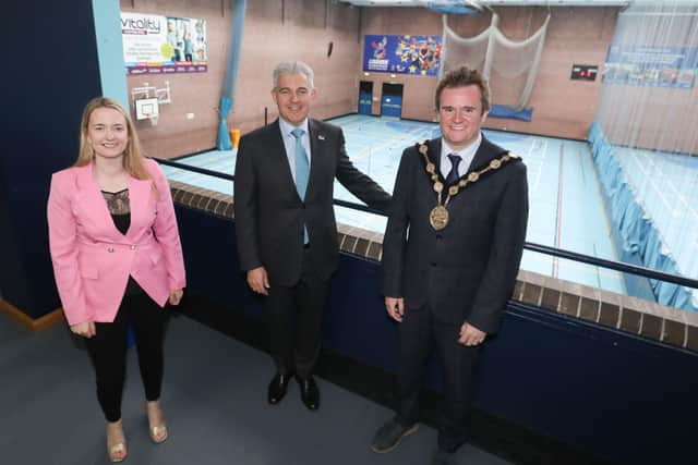 Secrtary of State for Northern Ireland Brandon Lewis tours Lagan Valley LeisurePlex with Councillor Sharon Skillen, Leisure & Community Development Chair and the Mayor, Alderman Stephen Martin.