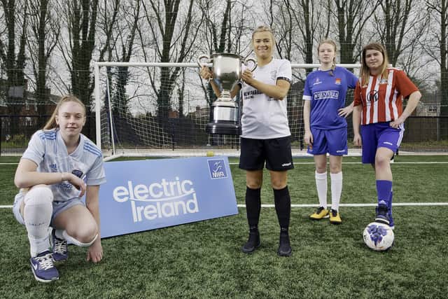 Fifty teams, including seven new clubs, will participate in the 2022 Northern Ireland Women’s Football Association (NIWFA) season, as women’s football continues an impressive rise in popularity. Pictured (left to right) are players from Lisburn teams as they gear up for this year’s season. Erin McGreevy, Lisburn Rangers, Ciara McEvoy, Lisburn Distillery, Kate Thompson, Lisburn Swifts, and Chloe Glover, Ballymacash Rangers