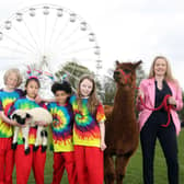Pictured at the launch of the 2022 Lisburn Castlereagh Mayor’s Carnival Parade & Family Fun Day with ‘Rainbows and Umbrellas, Brighter Days Ahead! are: the Mayor, Alderman Stephen Martin; Councillor Sharon Skillen, Leisure & Community Development Chair; pupils from Friends School Prep Department who are taking part in the event on the 7th May and alpacas Jo and Andy from Phils Farm who will be in Wallace Park on the day.