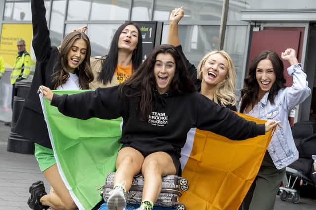 Brooke Scullion, Ireland's representative at this year's Eurovision song competition with dancers Amy Whearity, Amy Ford, Sophie Kavanagh and Lizzy Benham prior to setting off for Turin from Dublin Airport. Picture: Andres Poveda