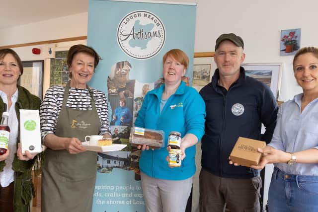 Lough Neagh Artisans members Noreen Van der Velde of Noreen's Nettles, Noeleen Kelly of Lock Keeper's Cottage, Ann Marie Collins of Annie's Delights, Gary McErlain of Lough Neagh's Stories and Angela Patterson of Gold & Browne's launch the first Lough Neagh Artisans Market