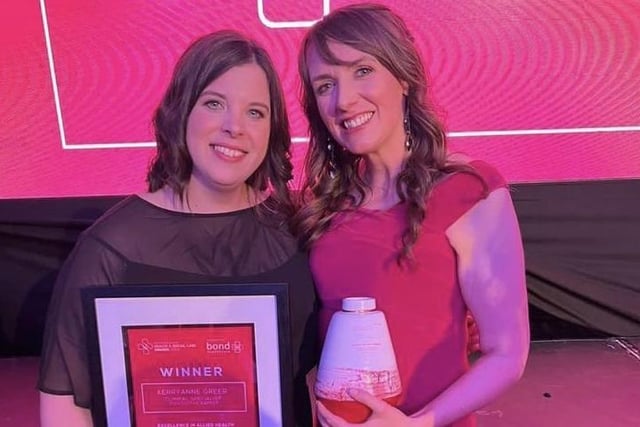Kerryann Greer, Paediatric Specialist Physiotherapist was successful in the Excellence in Allied Health Category. She is pictured with Patricia Elliott,Head of Service