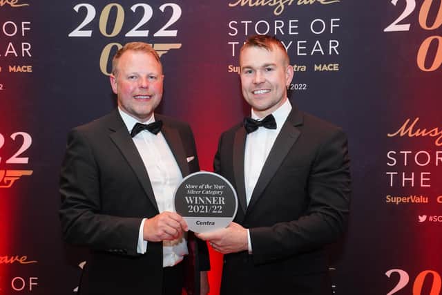 Receiving the silver award in the Centra Foodmarket Store of the Year category is Raymond Lusty of Centra Lusty’s Larne who is joined by Centra regional manager Mark Hammond.