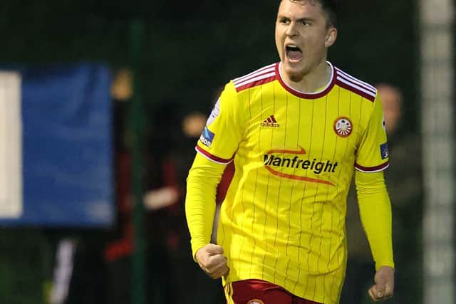 Portadown's Stephen Taggart celebrates his goal during this evening's game at BMG Arena, Portadown.  Photo by David Maginnis/Pacemaker Press