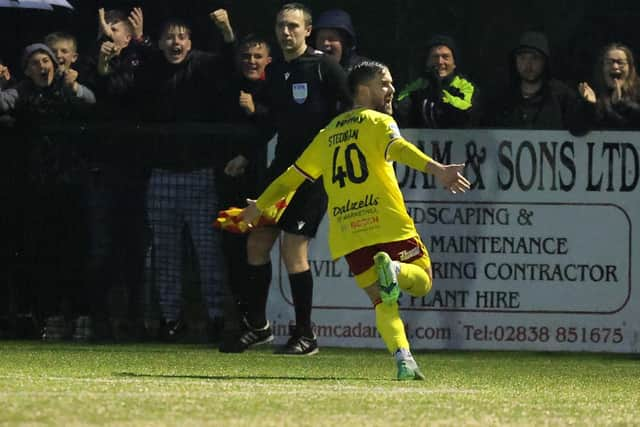 Billy Stedman celebrates his goal for Portadown.  Photo by David Maginnis/Pacemaker Press