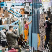 Renowned international and local artists have left their mark on Belfast with over 50 new murals now adorning walls across the city as part of the 2022 Hit the North Street Art Festival, supported by Hennessy. Pictured painting at HTN is HM Constance, Laura Nelson and Kerrie Hanna.