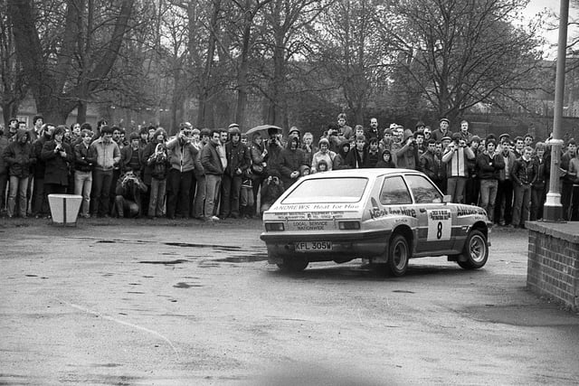 Russell Brookes and Mike Broad accelerate away in a Chevette while competing in the Circuit of Ireland in Belfast in April 1982. Picture: News Letter archives