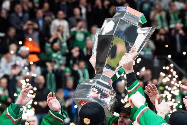 Players of Rögle celebrate with the trophy after winning the CHL final between Rögle and Tappara on March 1, 2022 in Ängelholm, Sweden. Picture: Ludvig Thunman/CHL
