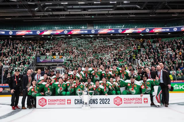 Players of Rögle celebrate with the trophy after winning the CHL final between Rögle and Tappara on March 1, 2022 in Ängelholm, Sweden. 
PictureL: Ludvig Thunman/CHL